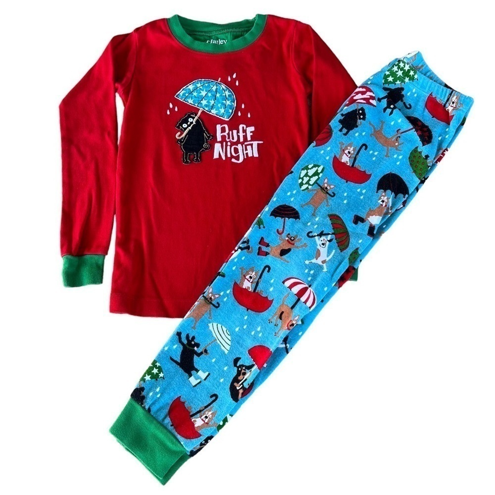 Hatley Ruff Night Dog Appliqué & Print Pajama Set Size 6 Dogs Rain Umbrellas GUC